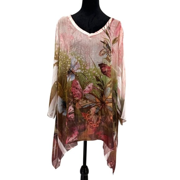 Cal‎ Style Butterfly Tunic Top Womens XL Floral Asymmetrical Forest Fairy Loose - Picture 1 of 7